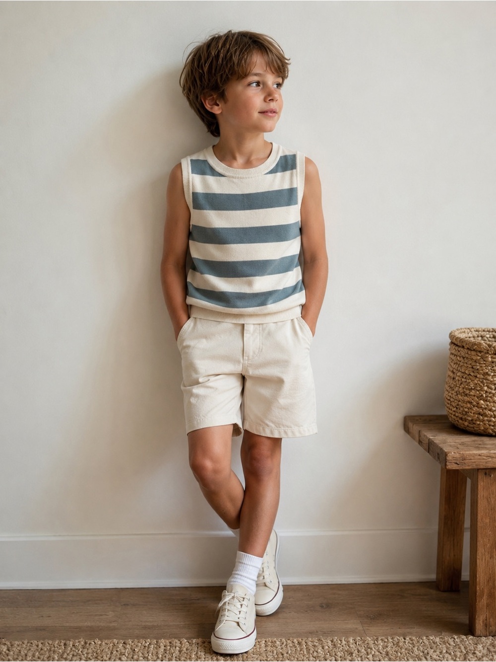 Zara Kids Striped Knit Sweater Vest Ivory Gray Blue Size M
